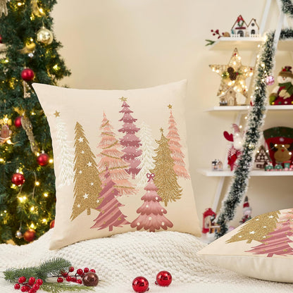 Christmas Pillow Covers 18x18 Inch Set of 2 Pink Aesthetic Decorative Christmas Tree Throw Pillows Linen Winter Holiday Decor for Home Sofa Couch Bed Chair