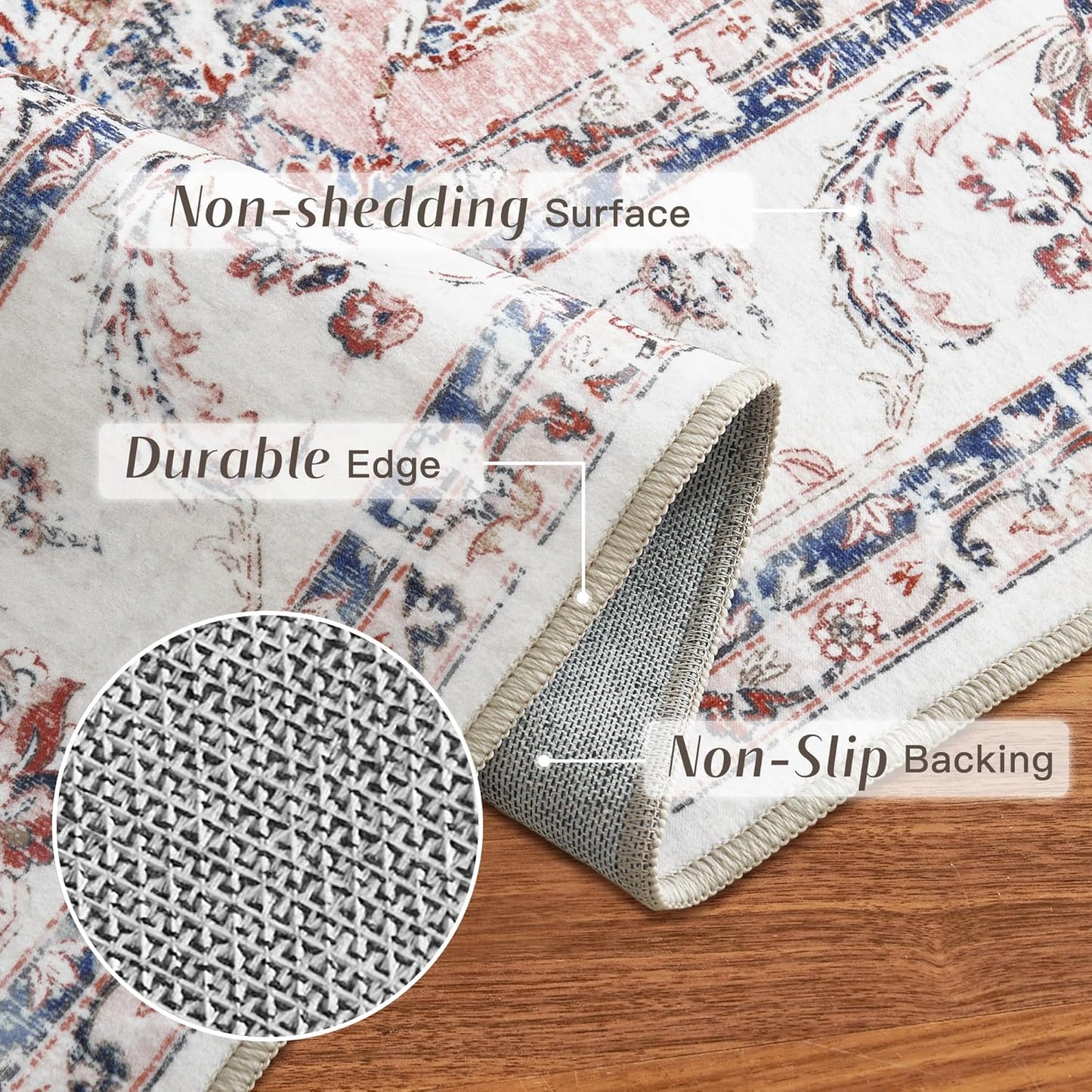 RYB HOME Non Slip Washable Runner Rug 2x6 ft, Anti-sratch Pet Friendly Boho Vintage Low Pile Floral Rug Carpet Runner for Kitchen Hallway, Pink