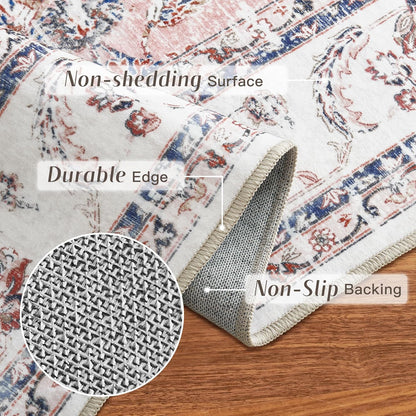 RYB HOME Non Slip Washable Runner Rug 2x6 ft, Anti-sratch Pet Friendly Boho Vintage Low Pile Floral Rug Carpet Runner for Kitchen Hallway, Pink