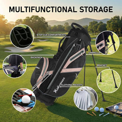 XDriveMax Golf Stand Bag, Lightweight 8-Way & 5-Way Top Dividers Golf Bag with Stand, Includes Insulated Cooler Pocket, Dual Strap & Rain Cover