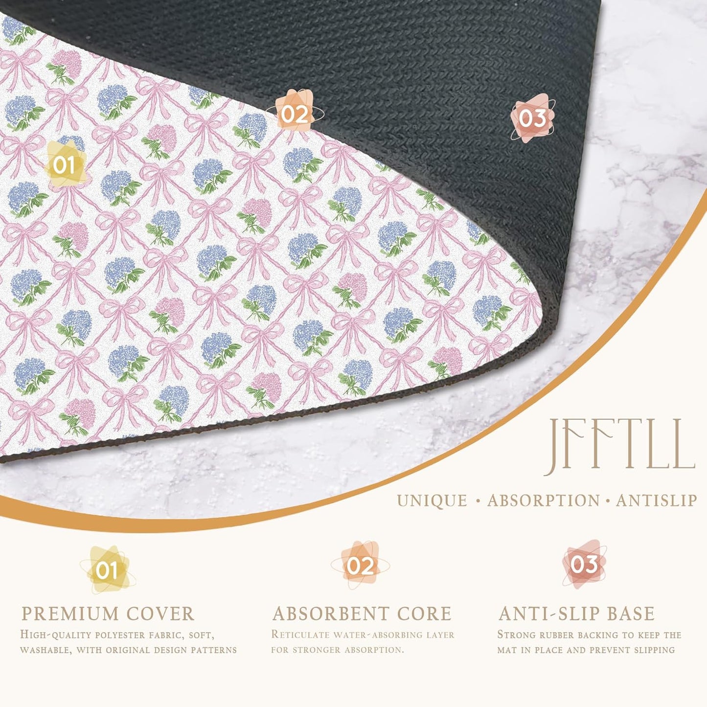 Coquette Pink Bow Hydrangea Dish Drying Mat, Preppy Girly Pink and Blue Hydrangea Flower Absorbent Dish Drainer Reusable Washable Drying Mat Pad for Kitchen Counter, 12×15 Inch