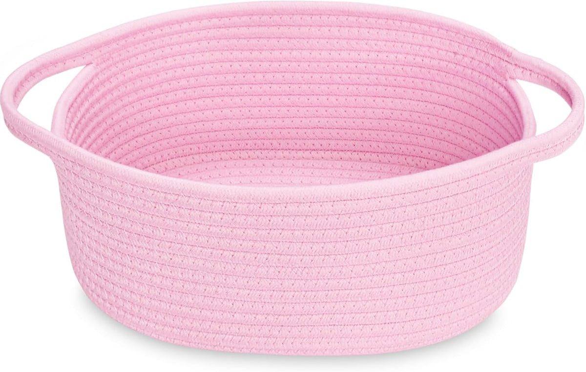 Small Basket with Handles, Boho Decorative Rope Woven Dog Cat Toy Storage Bin Shelf Storage Organizer, Easter Christmas Gift Basket, 12"x8"x5", Pink