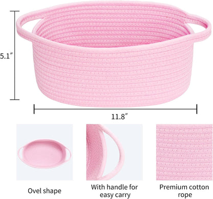 Small Basket with Handles, Boho Decorative Rope Woven Dog Cat Toy Storage Bin Shelf Storage Organizer, Easter Christmas Gift Basket, 12"x8"x5", Pink