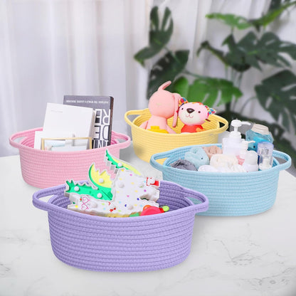 Small Basket with Handles, Boho Decorative Rope Woven Dog Cat Toy Storage Bin Shelf Storage Organizer, Easter Christmas Gift Basket, 12"x8"x5", Pink