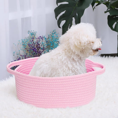 Small Basket with Handles, Boho Decorative Rope Woven Dog Cat Toy Storage Bin Shelf Storage Organizer, Easter Christmas Gift Basket, 12"x8"x5", Pink
