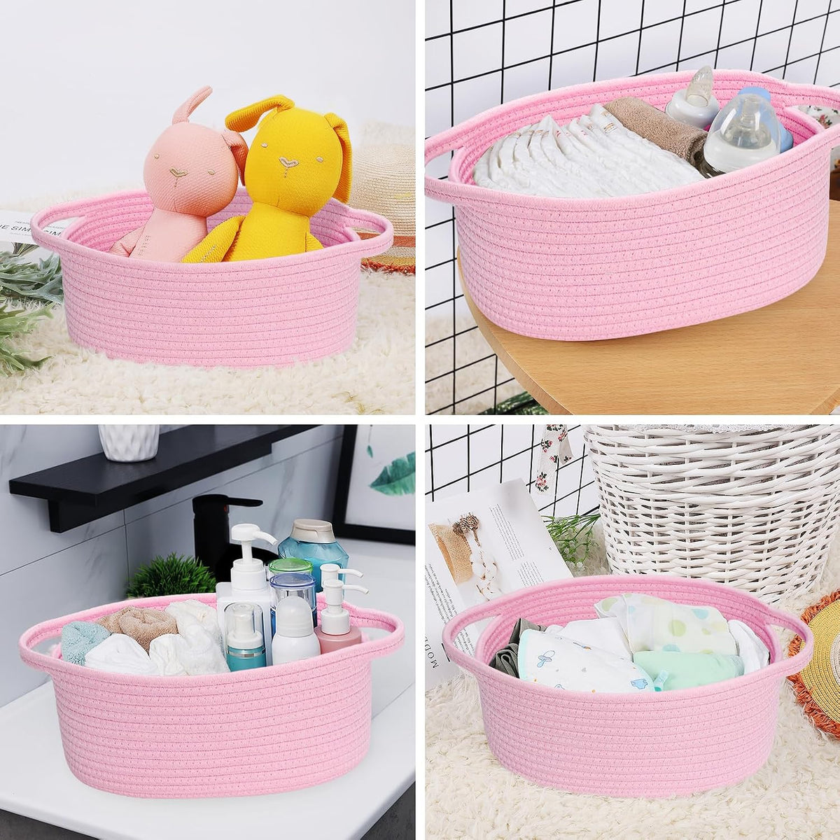 Small Basket with Handles, Boho Decorative Rope Woven Dog Cat Toy Storage Bin Shelf Storage Organizer, Easter Christmas Gift Basket, 12"x8"x5", Pink