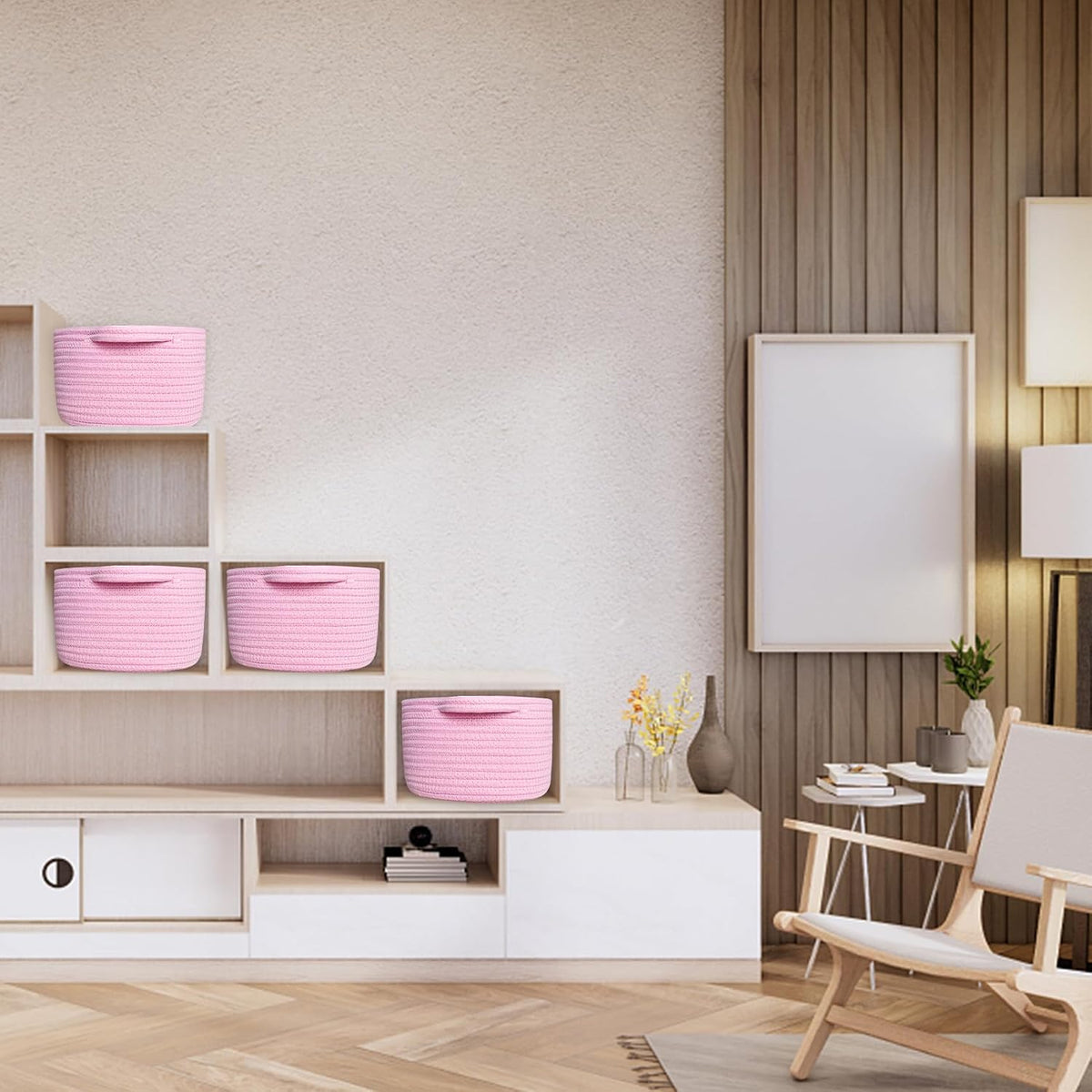 Small Basket with Handles, Boho Decorative Rope Woven Dog Cat Toy Storage Bin Shelf Storage Organizer, Easter Christmas Gift Basket, 12"x8"x5", Pink