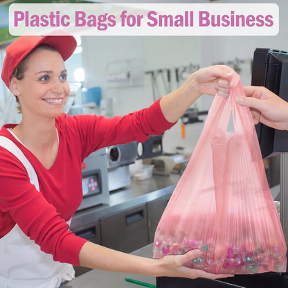 200 Pcs T Shirt Bags Bulk Plastic Shopping Grocery Retail Bags with Handles 12 x 20 Inch for Small Business, Supermarket, Restaurant (Peach Pink)