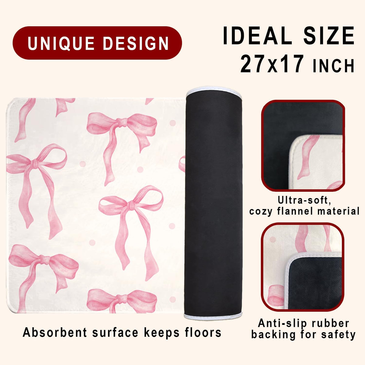 Bow Rug, Bow Bathroom Bug, Pink Bath Mat, Cute Coquette Bath Mat, 27x17 Door Mat Indoor Entrance, Soft Cozy Absorption Non Slip Mat for Bedroom Kitchen Bathroom, Housewarming Gifts for Women