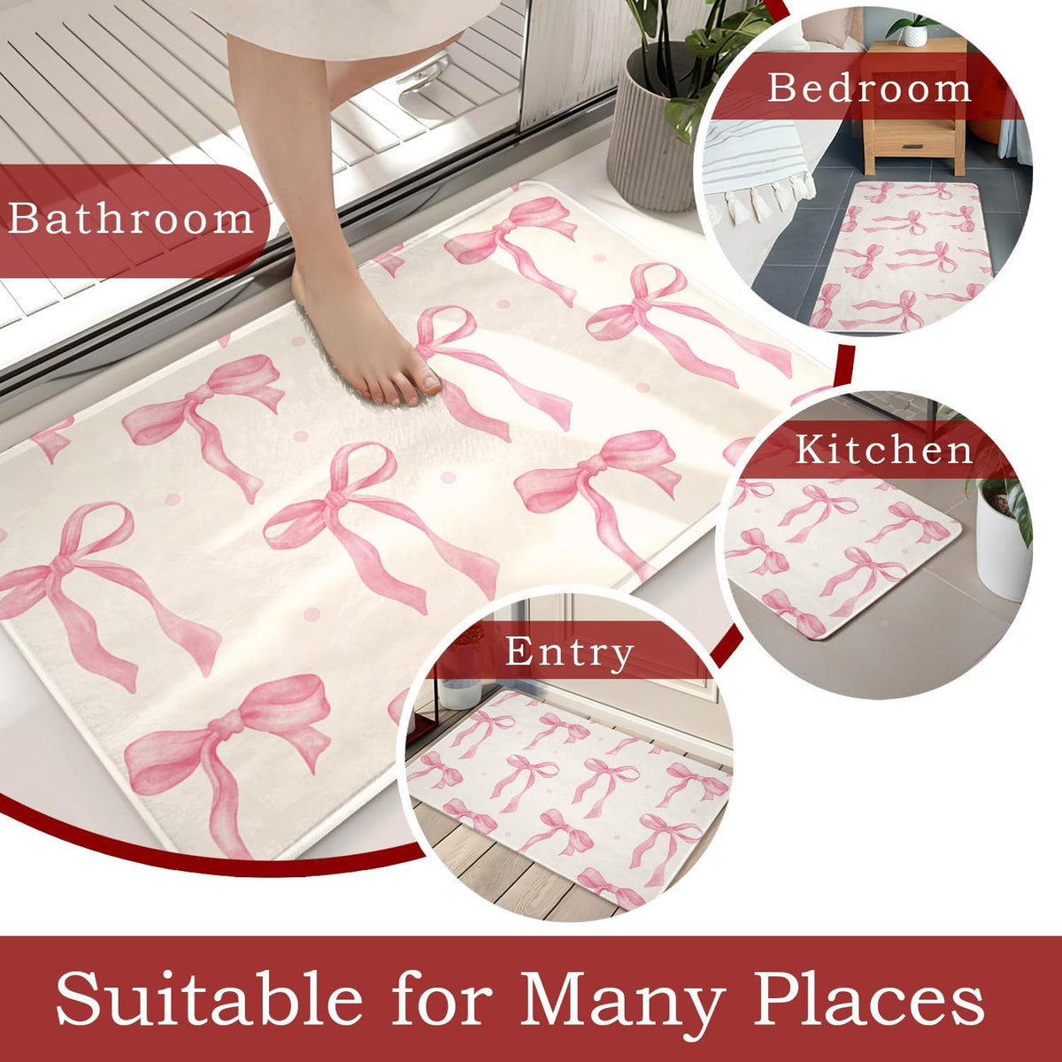 Bow Rug, Bow Bathroom Bug, Pink Bath Mat, Cute Coquette Bath Mat, 27x17 Door Mat Indoor Entrance, Soft Cozy Absorption Non Slip Mat for Bedroom Kitchen Bathroom, Housewarming Gifts for Women