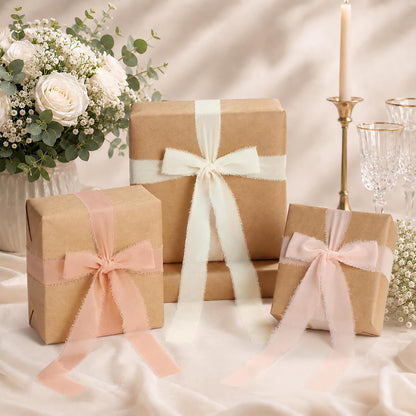 Handmade Fringe Chiffon Ribbon Pink and Cream 1 inch x 21Yd | Fabric Ribbon, For Flower Bouquet/Gift Wrapping/Wedding Invitations/Party Decorations