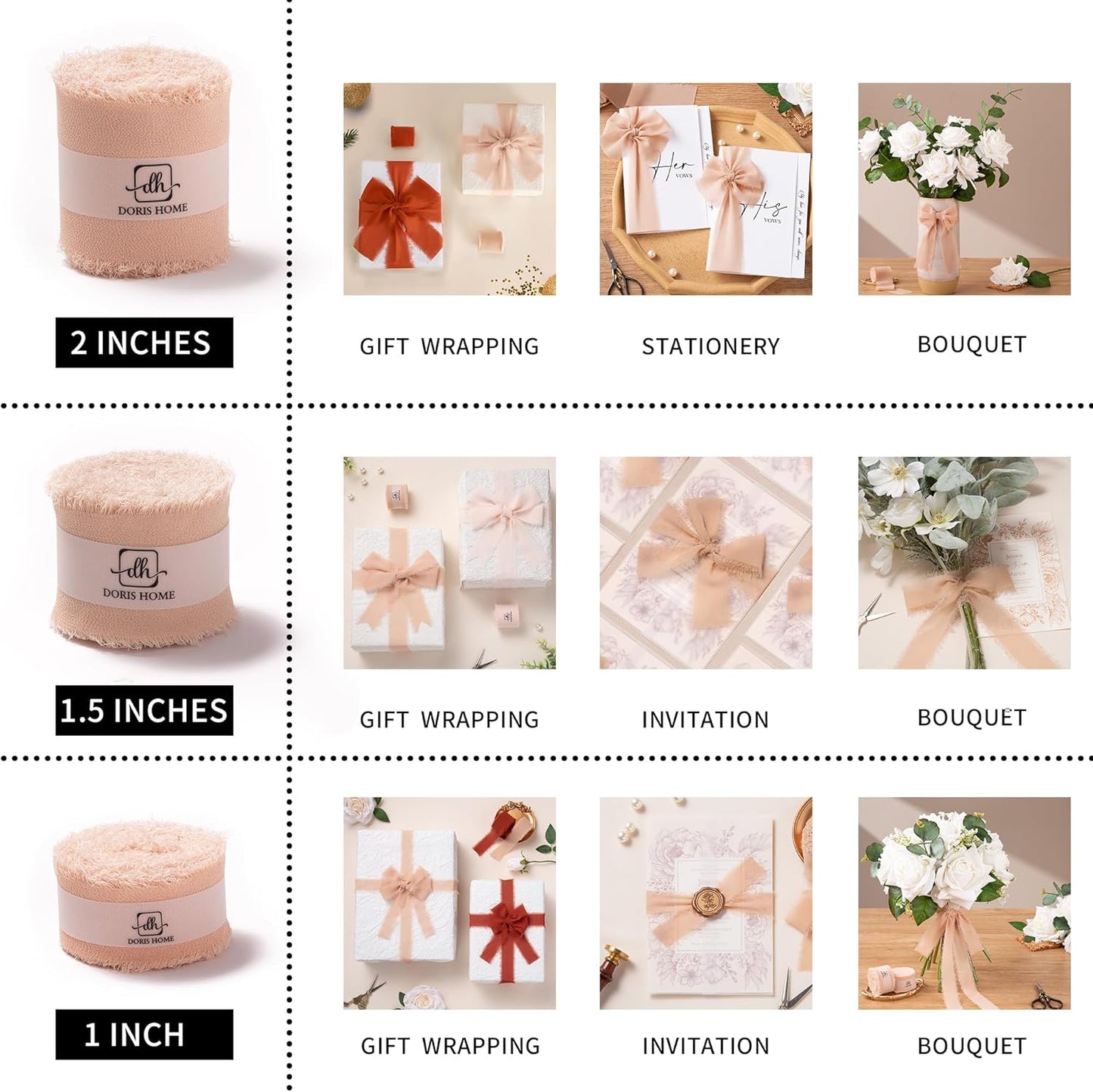 Handmade Fringe Chiffon Ribbon Pink and Cream 1 inch x 21Yd | Fabric Ribbon, For Flower Bouquet/Gift Wrapping/Wedding Invitations/Party Decorations