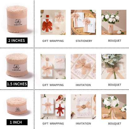 Handmade Fringe Chiffon Ribbon Pink and Cream 1 inch x 21Yd | Fabric Ribbon, For Flower Bouquet/Gift Wrapping/Wedding Invitations/Party Decorations