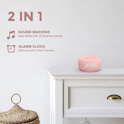 Sound Machine & Alarm Clock 2-in-1-0-100% Display Dimmer, Under Light, Sleep Timer, Precise 30-Level Volume Control White Noise Machine