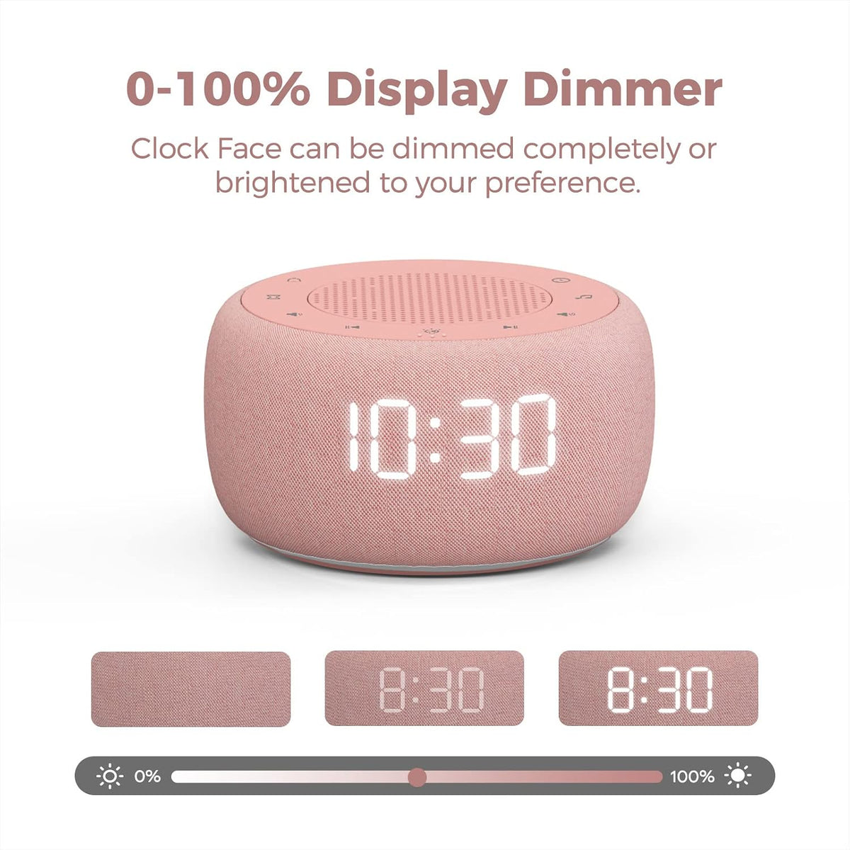 Sound Machine & Alarm Clock 2-in-1-0-100% Display Dimmer, Under Light, Sleep Timer, Precise 30-Level Volume Control White Noise Machine