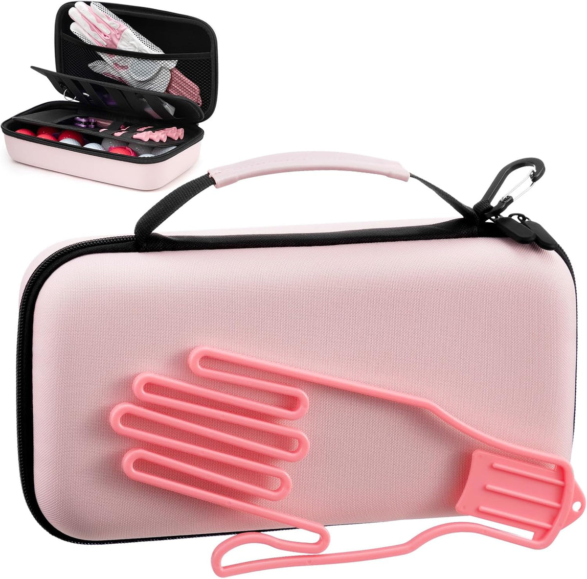 Golf Glove Holder Case with Removable Glove Shaper, Water-Resistant, Pink Golf Accessories Gift for Woman, Dividers Storage for Tees, Ball Markers, Phone, Divot Tool