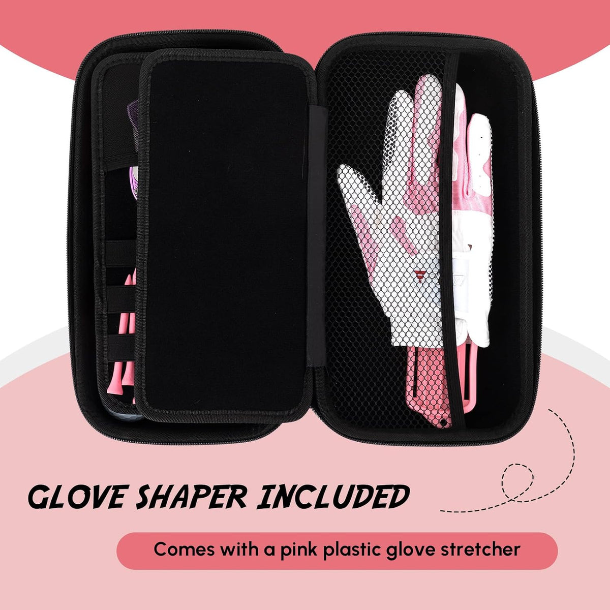 Golf Glove Holder Case with Removable Glove Shaper, Water-Resistant, Pink Golf Accessories Gift for Woman, Dividers Storage for Tees, Ball Markers, Phone, Divot Tool