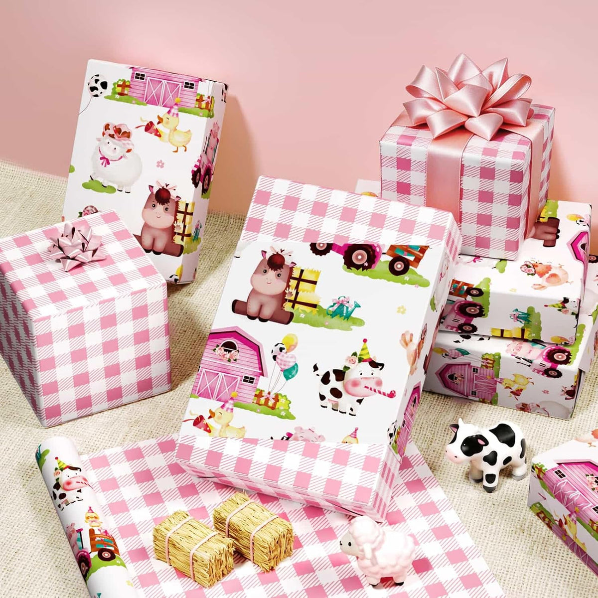 Farm Animal Wrapping Paper 17 In x 33 Ft Pink Barnyard Gift Wrap