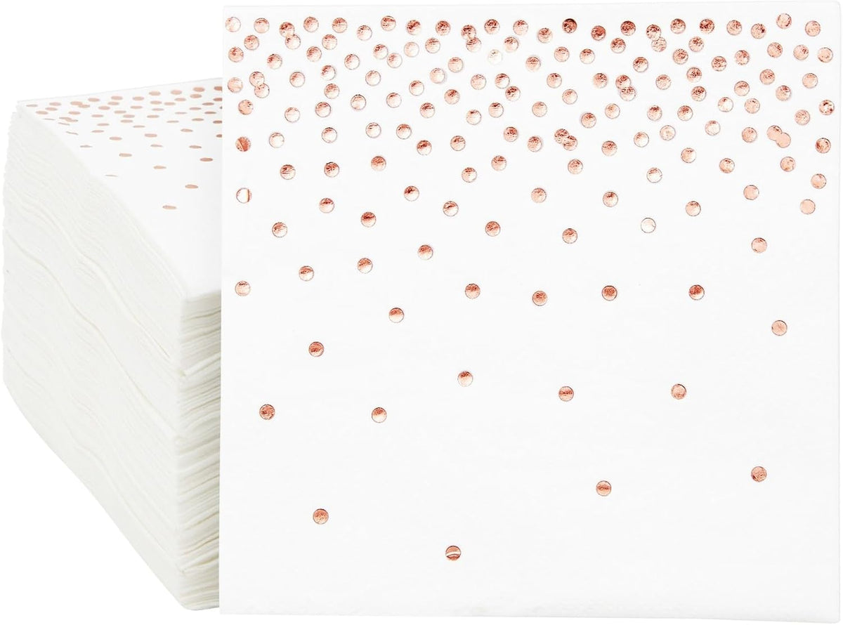 Rose Gold Confetti Cocktail Napkins - 5 x 5 in, 100 Count, 3-Ply Disposable - Polka Dotted Foil for Wedding Receptions & Bridal Showers - Beverage & Dessert Use