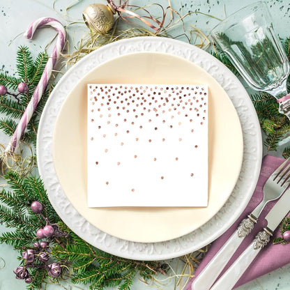 Rose Gold Confetti Cocktail Napkins - 5 x 5 in, 100 Count, 3-Ply Disposable - Polka Dotted Foil for Wedding Receptions & Bridal Showers - Beverage & Dessert Use
