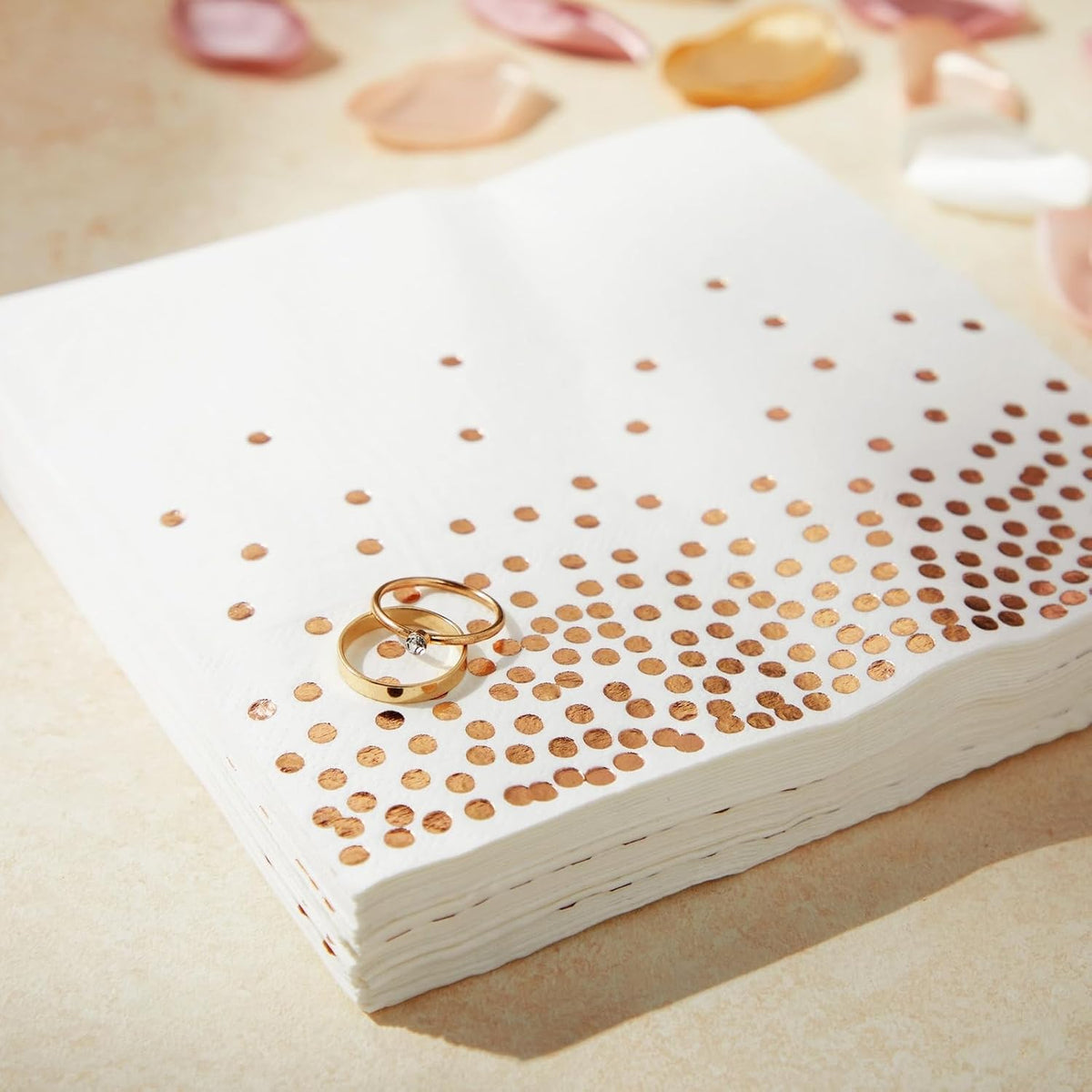 Rose Gold Confetti Cocktail Napkins - 5 x 5 in, 100 Count, 3-Ply Disposable - Polka Dotted Foil for Wedding Receptions & Bridal Showers - Beverage & Dessert Use