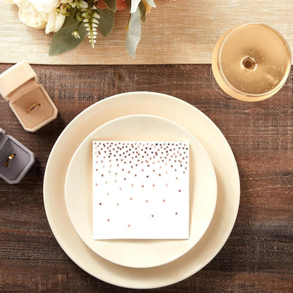 Rose Gold Confetti Cocktail Napkins - 5 x 5 in, 100 Count, 3-Ply Disposable - Polka Dotted Foil for Wedding Receptions & Bridal Showers - Beverage & Dessert Use