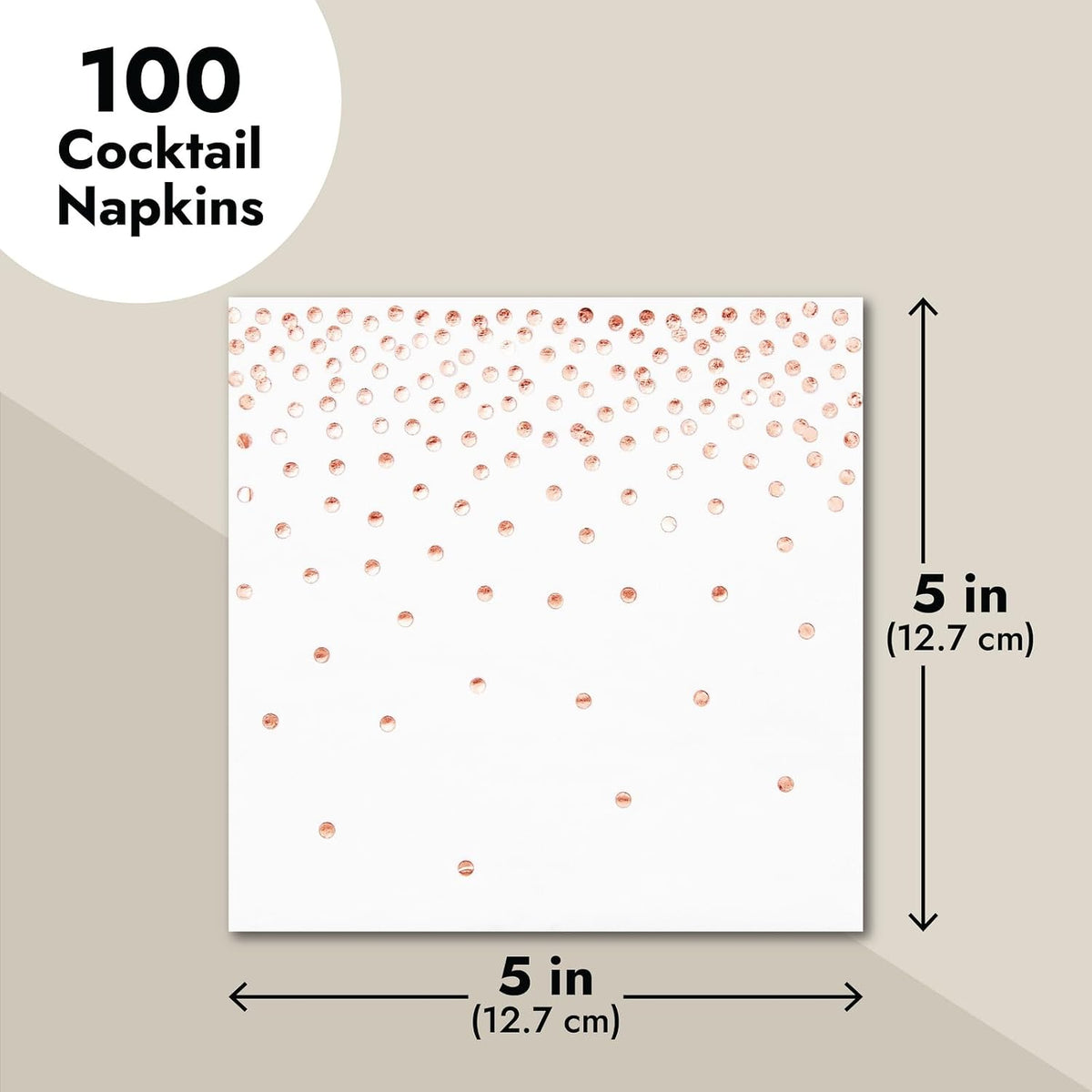 Rose Gold Confetti Cocktail Napkins - 5 x 5 in, 100 Count, 3-Ply Disposable - Polka Dotted Foil for Wedding Receptions & Bridal Showers - Beverage & Dessert Use