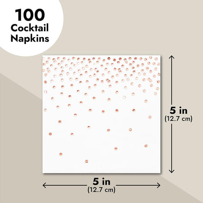 Rose Gold Confetti Cocktail Napkins - 5 x 5 in, 100 Count, 3-Ply Disposable - Polka Dotted Foil for Wedding Receptions & Bridal Showers - Beverage & Dessert Use