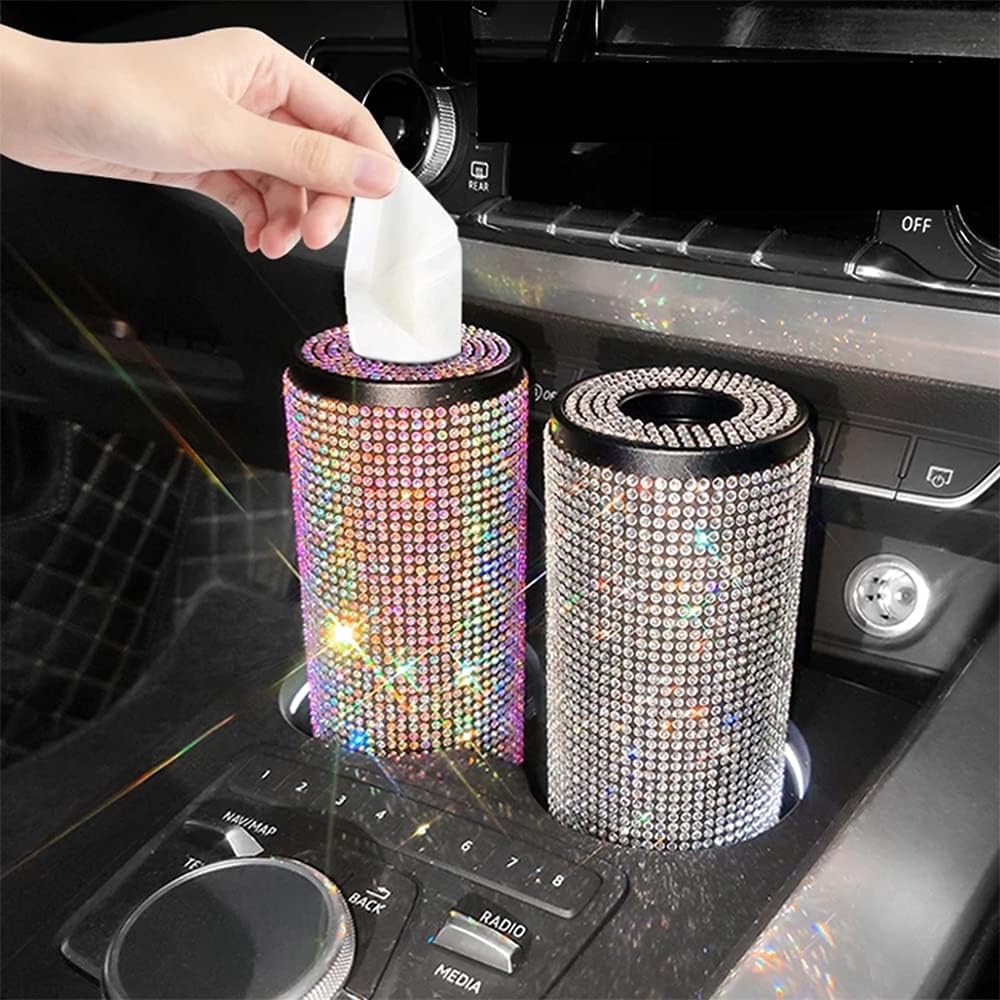 Car Universal Tissue Boxes for Car Diamond Bling Auto Rhinestone Crystal Paper Box Girls Auto Luxury Interior Accessories (Pink)