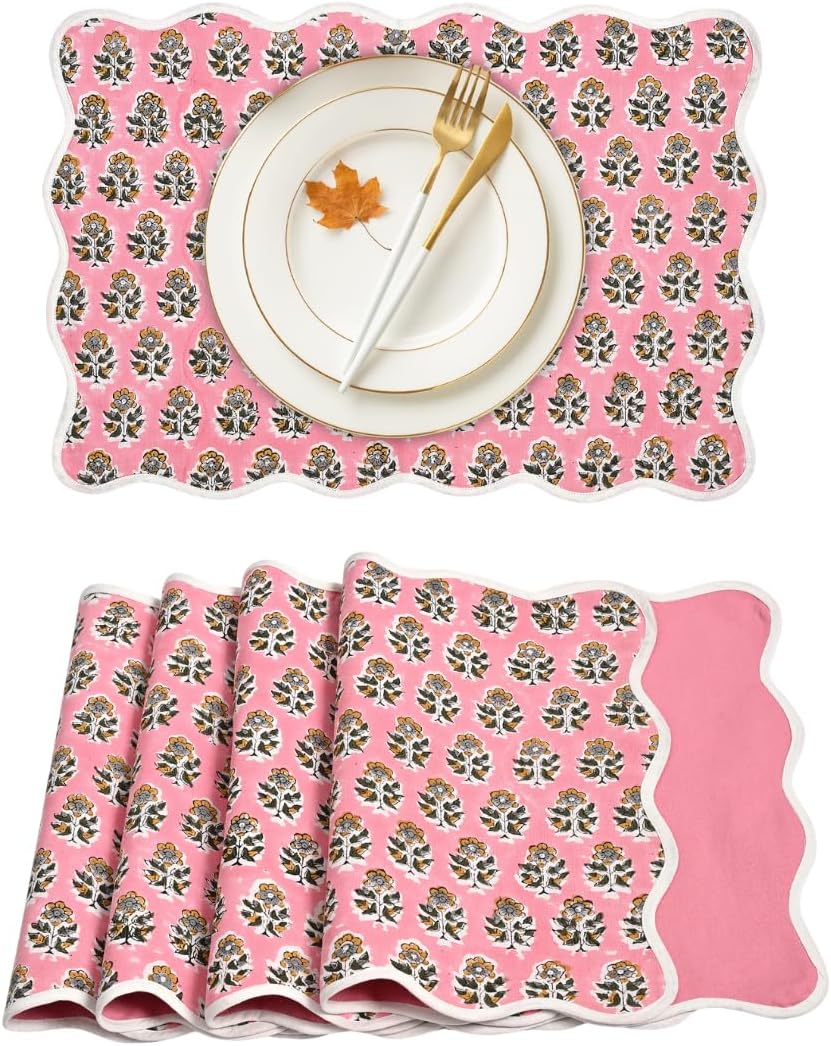 CPC Cotton Placemats Poopy Pink Set of 4-Hand Block Printed Reversible Placemats, Flower Scalloped & Embroidered Cloth Table Mats - 14 x 20 inch Gift for Spring, Mother's Day