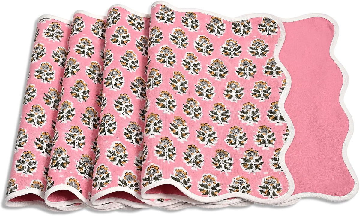 CPC Cotton Placemats Poopy Pink Set of 4-Hand Block Printed Reversible Placemats, Flower Scalloped & Embroidered Cloth Table Mats - 14 x 20 inch Gift for Spring, Mother's Day