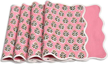 CPC Cotton Placemats Poopy Pink Set of 4-Hand Block Printed Reversible Placemats, Flower Scalloped & Embroidered Cloth Table Mats - 14 x 20 inch Gift for Spring, Mother's Day