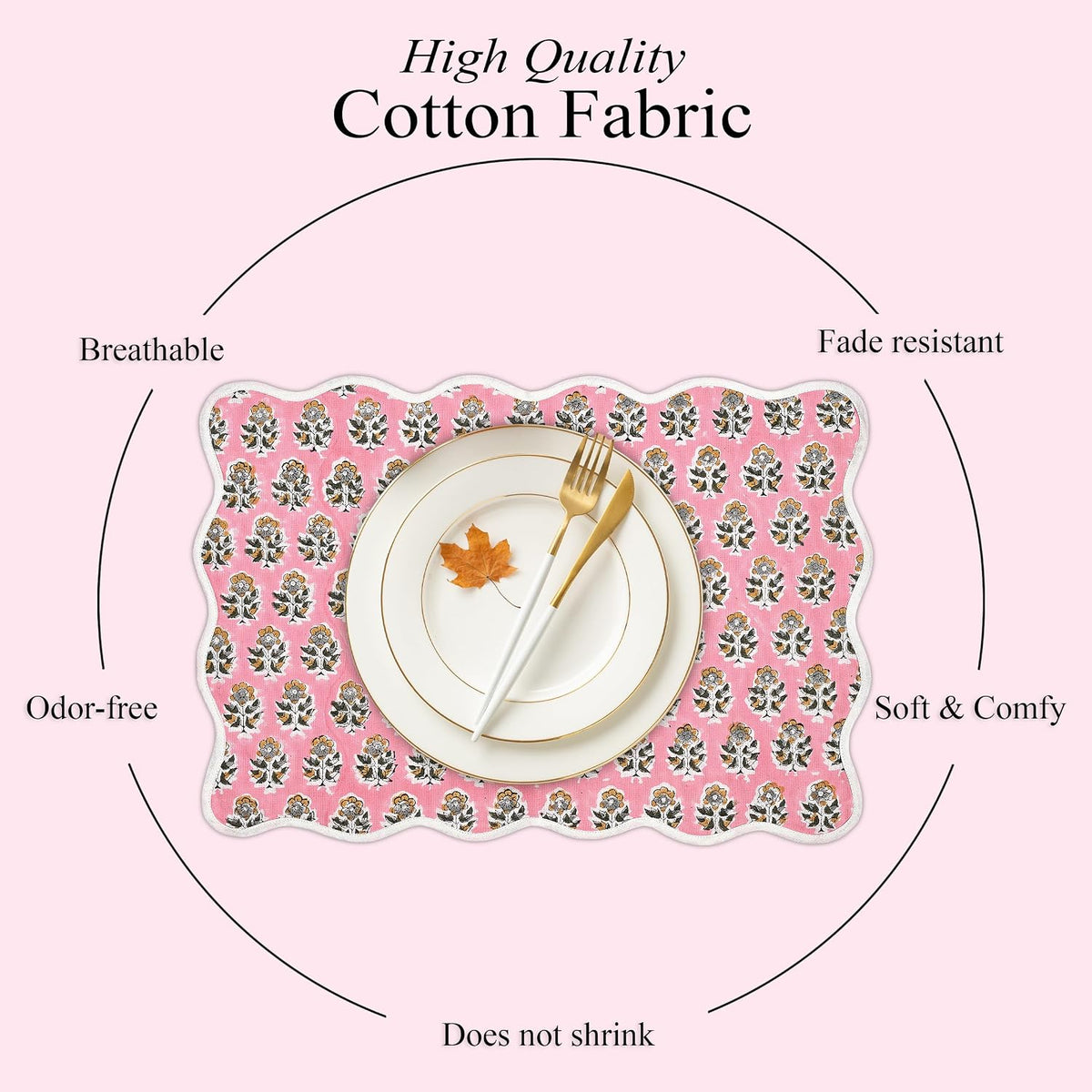 CPC Cotton Placemats Poopy Pink Set of 4-Hand Block Printed Reversible Placemats, Flower Scalloped & Embroidered Cloth Table Mats - 14 x 20 inch Gift for Spring, Mother's Day