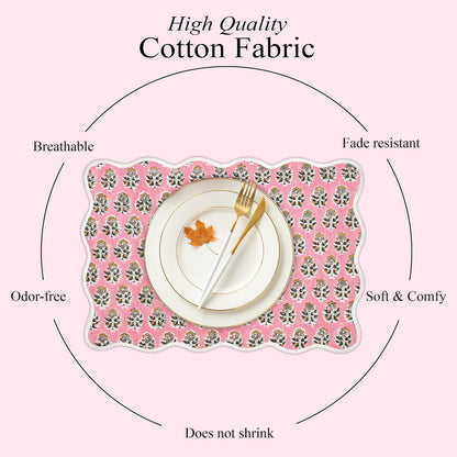CPC Cotton Placemats Poopy Pink Set of 4-Hand Block Printed Reversible Placemats, Flower Scalloped & Embroidered Cloth Table Mats - 14 x 20 inch Gift for Spring, Mother's Day