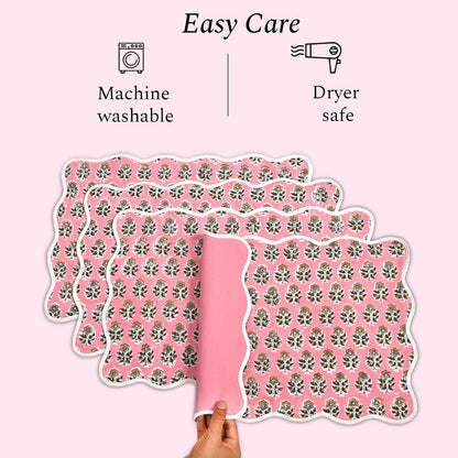 CPC Cotton Placemats Poopy Pink Set of 4-Hand Block Printed Reversible Placemats, Flower Scalloped & Embroidered Cloth Table Mats - 14 x 20 inch Gift for Spring, Mother's Day
