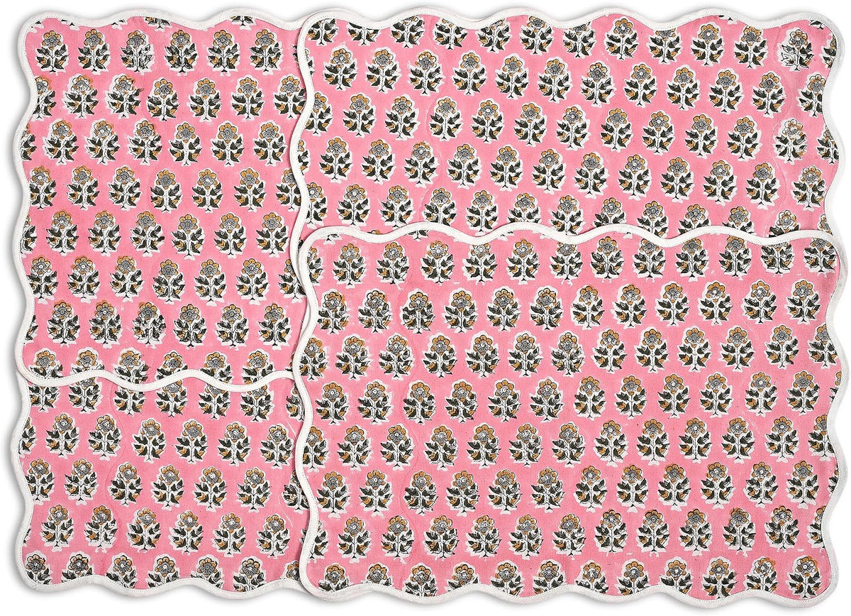 CPC Cotton Placemats Poopy Pink Set of 4-Hand Block Printed Reversible Placemats, Flower Scalloped & Embroidered Cloth Table Mats - 14 x 20 inch Gift for Spring, Mother's Day