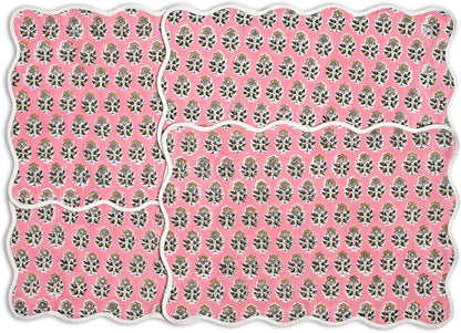 CPC Cotton Placemats Poopy Pink Set of 4-Hand Block Printed Reversible Placemats, Flower Scalloped & Embroidered Cloth Table Mats - 14 x 20 inch Gift for Spring, Mother's Day