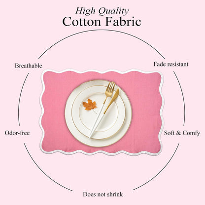 CPC Cotton Placemats Poopy Pink Set of 4-Hand Block Printed Reversible Placemats, Flower Scalloped & Embroidered Cloth Table Mats - 14 x 20 inch Gift for Spring, Mother's Day