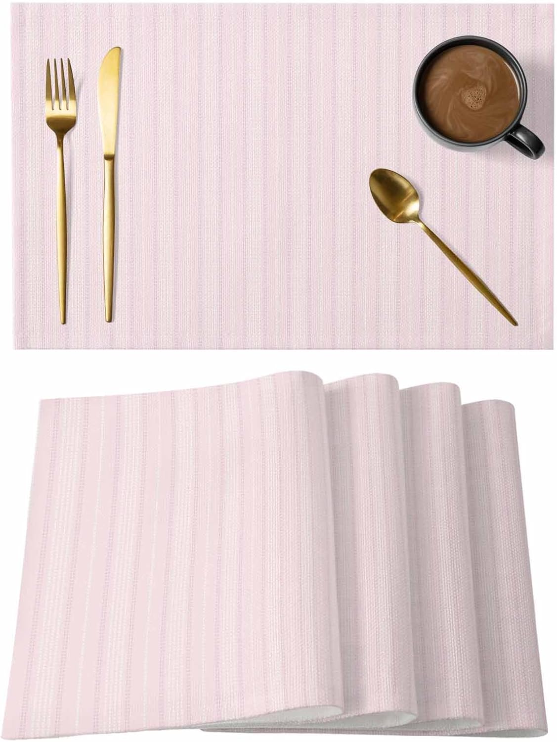 Blush Pink Line Striped Placemats Set of 4, Cotton Linen Fabric Place Mats, Farmhouse Pink Stripes Washable Decorative Table Mats Protector for Home Kitchen Dining Wedding Party Coffee Tables