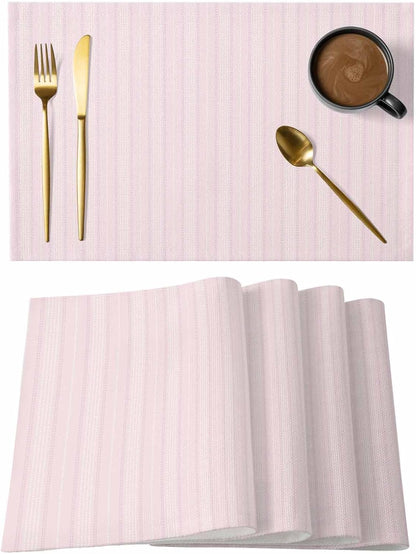 Blush Pink Line Striped Placemats Set of 4, Cotton Linen Fabric Place Mats, Farmhouse Pink Stripes Washable Decorative Table Mats Protector for Home Kitchen Dining Wedding Party Coffee Tables