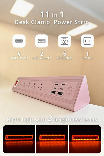 Desk Clamp Power Strip with Nightlight, 40W Fast Charging, 6FT Extension Cord, 4x20W USB-C & 2 USB Ports, 5 AC Outlets, Fits 1.69-Inch Table Edges