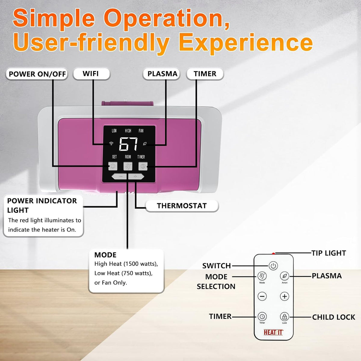 Space Heater with Remote, Digital Display with Thermostat, Pink