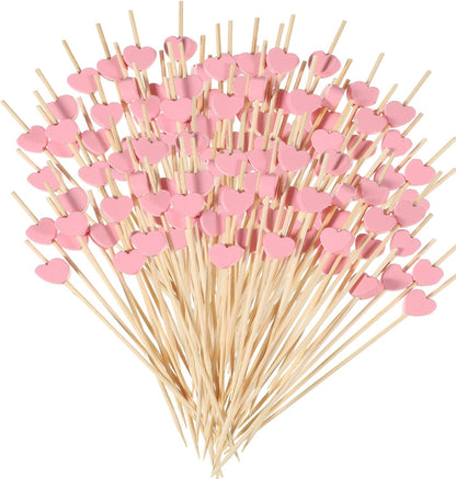 100 Pack Fancy Toothpicks for Appetizers Pink Heart Cocktail Picks 4.7" Bamboo Cocktail Picks Long Fruit Sticks Food Toothpicks Wooden Sandwich Charcuterie Sticks for Desserts Drinks Party Supplies