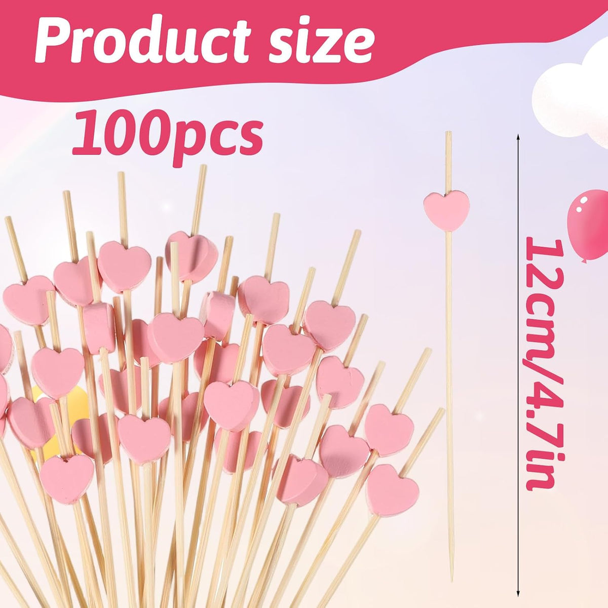 100 Pack Fancy Toothpicks for Appetizers Pink Heart Cocktail Picks 4.7" Bamboo Cocktail Picks Long Fruit Sticks Food Toothpicks Wooden Sandwich Charcuterie Sticks for Desserts Drinks Party Supplies