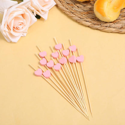 100 Pack Fancy Toothpicks for Appetizers Pink Heart Cocktail Picks 4.7" Bamboo Cocktail Picks Long Fruit Sticks Food Toothpicks Wooden Sandwich Charcuterie Sticks for Desserts Drinks Party Supplies