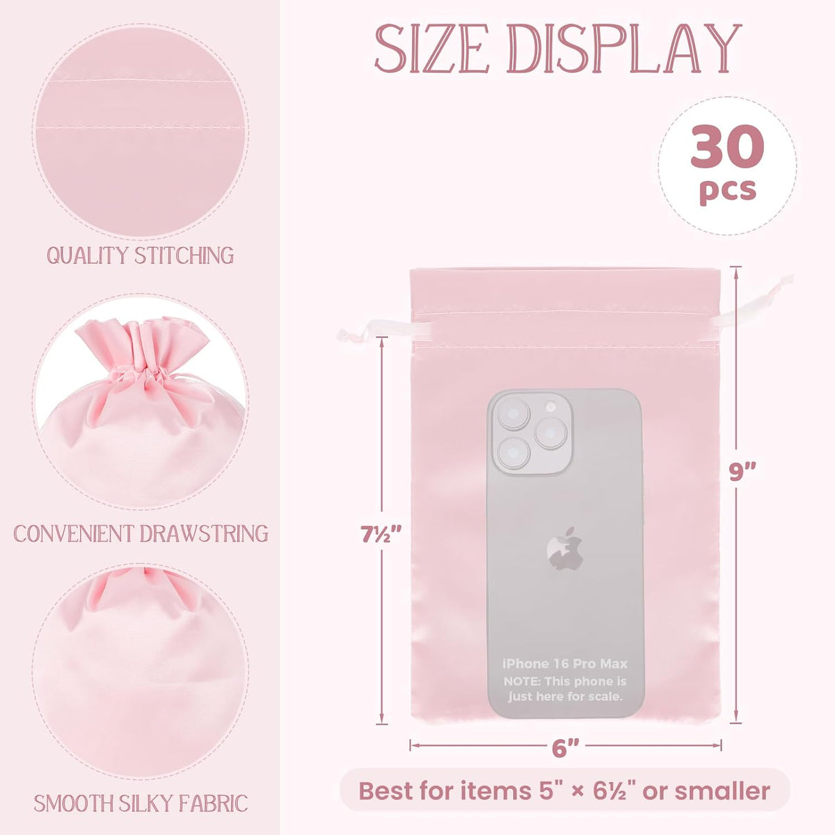 30Pcs Satin Gift Bags, 6x9 Pink Cloth Drawstring Pouch