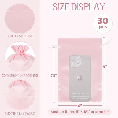 30Pcs Satin Gift Bags, 6x9 Pink Cloth Drawstring Pouch