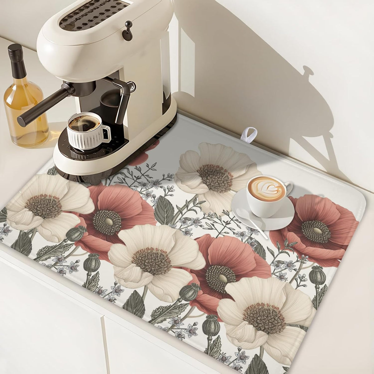 Floral Dish Drying Mat for Kitchen Counter 24x18 Inch Beige Pink Big Flower Drying Mat with Absorbent Reversible Microfiber Season Spring Dish Drainer Mats Rack Pad for Coffee Countertop Protector