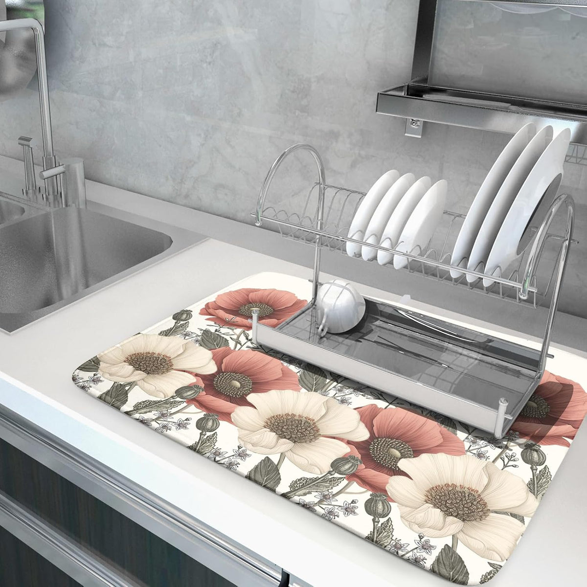 Floral Dish Drying Mat for Kitchen Counter 24x18 Inch Beige Pink Big Flower Drying Mat with Absorbent Reversible Microfiber Season Spring Dish Drainer Mats Rack Pad for Coffee Countertop Protector