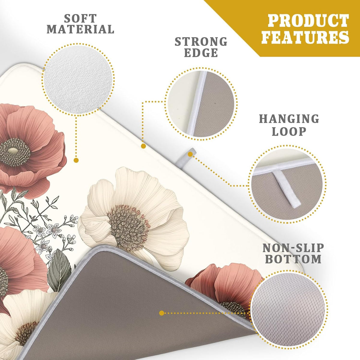 Floral Dish Drying Mat for Kitchen Counter 24x18 Inch Beige Pink Big Flower Drying Mat with Absorbent Reversible Microfiber Season Spring Dish Drainer Mats Rack Pad for Coffee Countertop Protector
